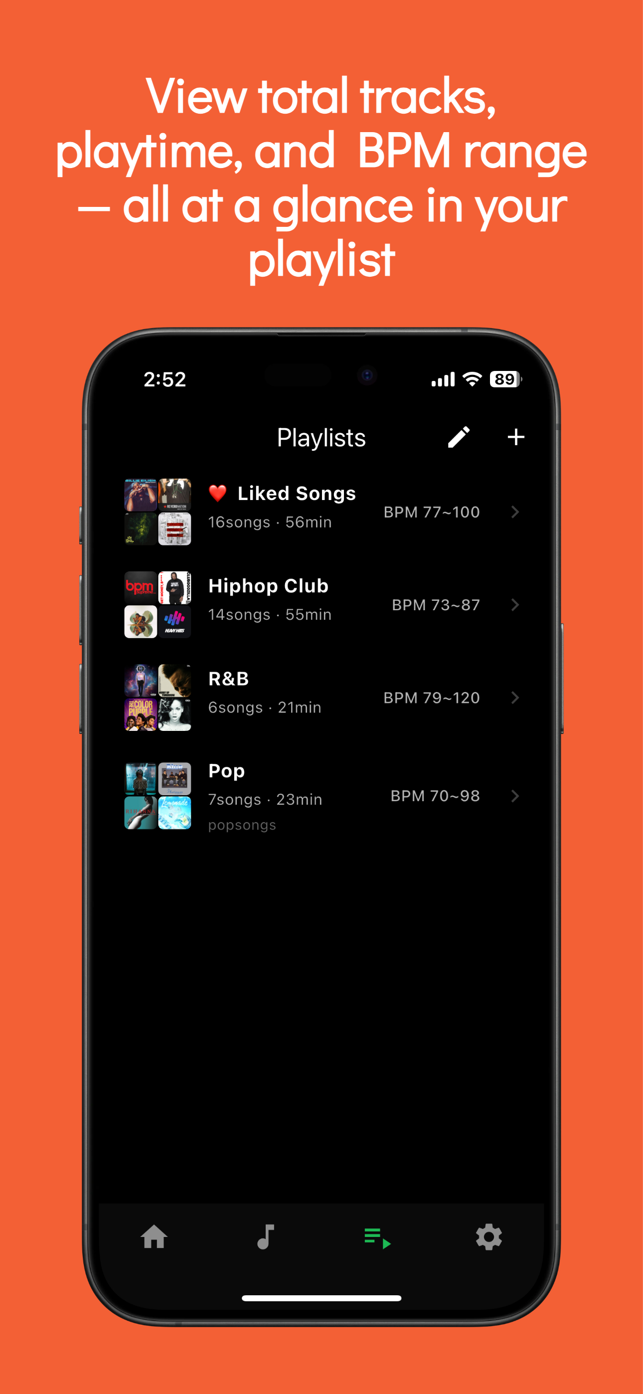 BPM Player 음악 분류 화면 - BPM별 자동 정리
